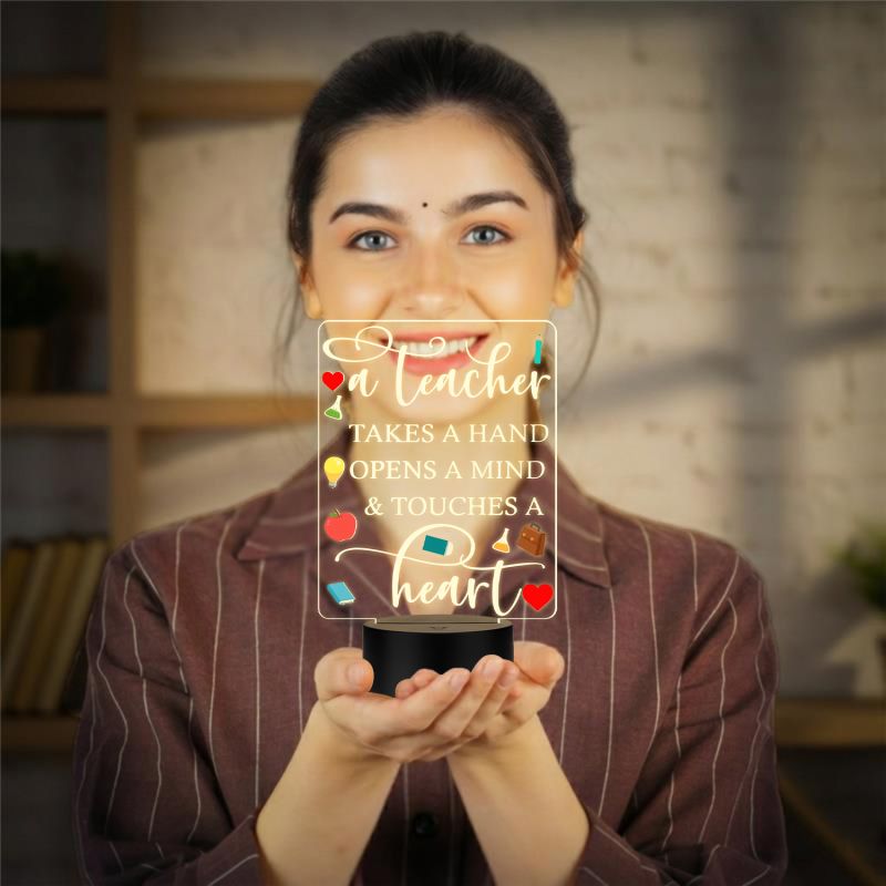 Teacher Appreciation LED Night Light, A Teacher Takes a Hand Opens a Mind Touches a Heart Quote, Warm White Acrylic Lamp with Black Base, Thankyou Gift for Teacher Desk Decor Gift